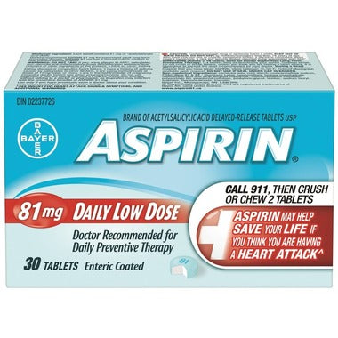 Acetylsalicylic Acid (Aspirin) 81mg x 30 tablets